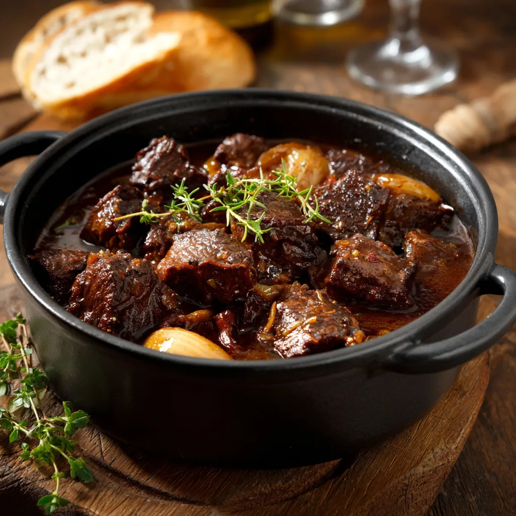 Carbonnade flamande mijotée avec pain d’épices fondant et viande de bœuf tendre dans une cocotte en fonte