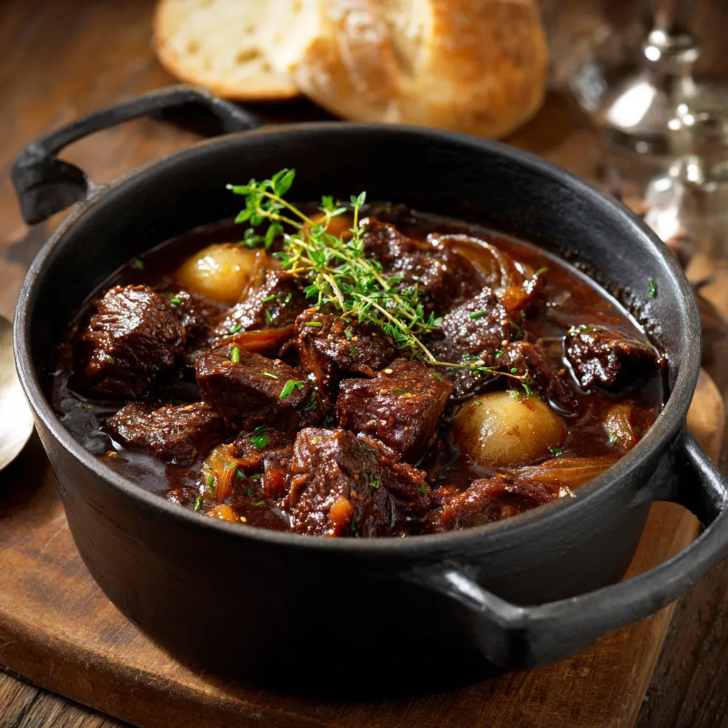 Carbonnade flamande mijotée avec pain d’épices fondant et viande de bœuf tendre dans une cocotte en fonte
