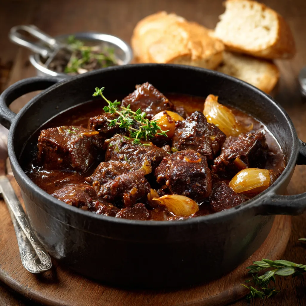 Carbonnade flamande mijotée avec pain d’épices fondant et viande de bœuf tendre dans une cocotte en fonte
