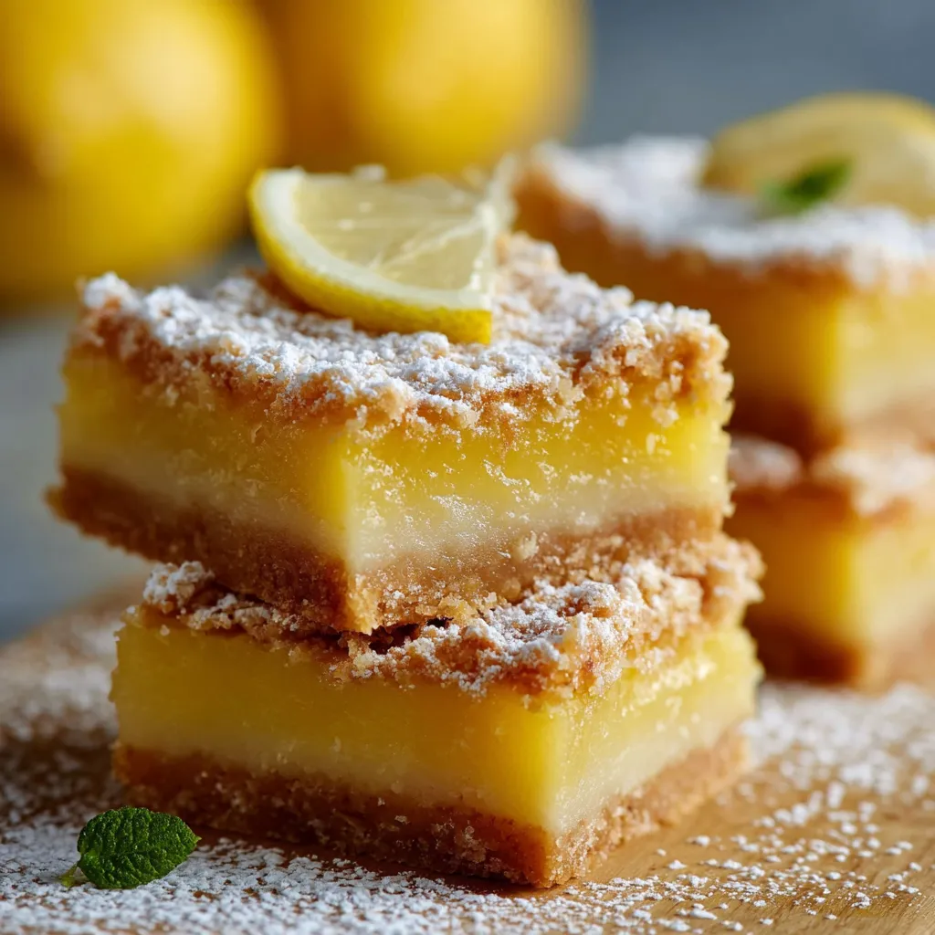 Carrés au citron acidulés sur base sablée, découpés en portions, saupoudrés de sucre glace