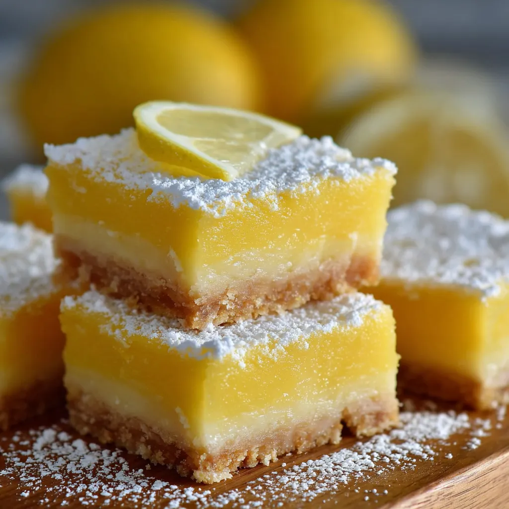 Carrés au citron acidulés sur base sablée, découpés en portions, saupoudrés de sucre glace