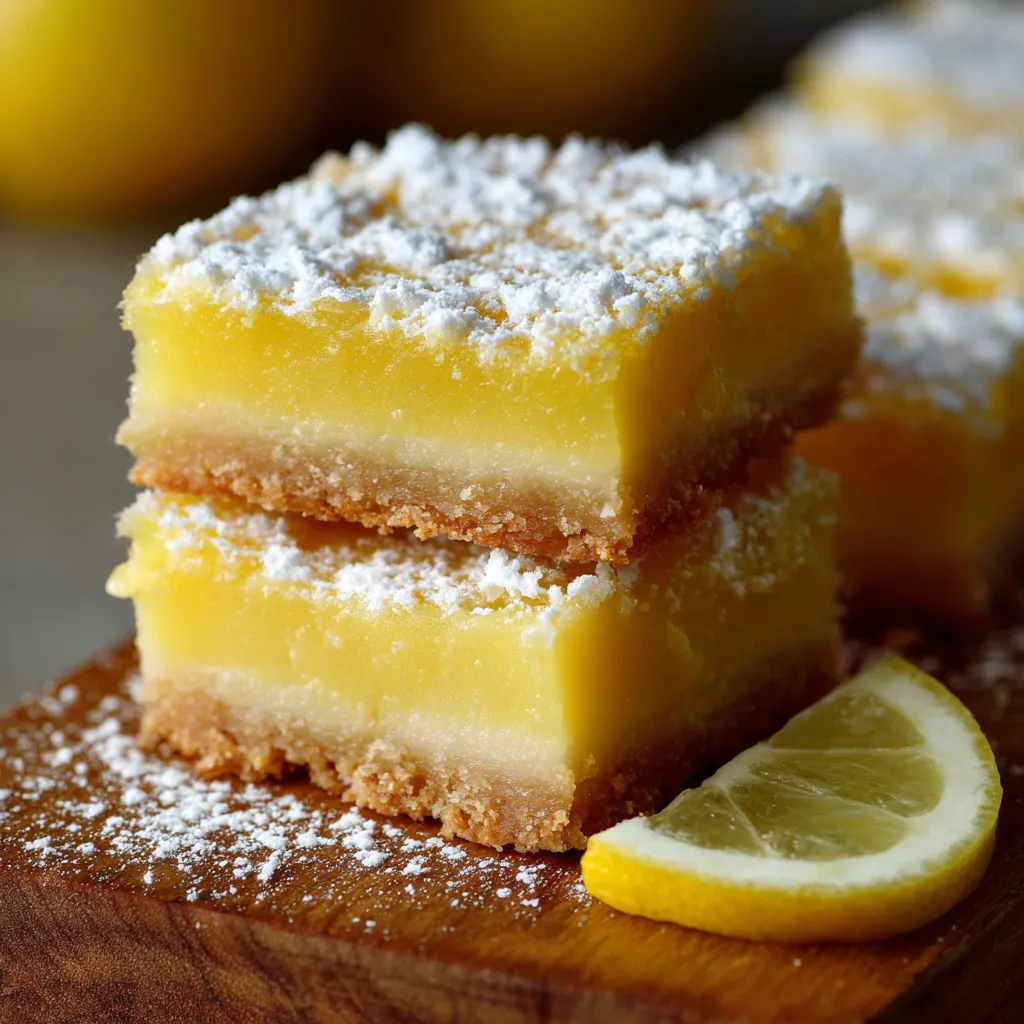 Carrés au citron acidulés sur base sablée, découpés en portions, saupoudrés de sucre glace