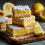 Carrés au citron acidulés sur base sablée, découpés en portions, saupoudrés de sucre glace