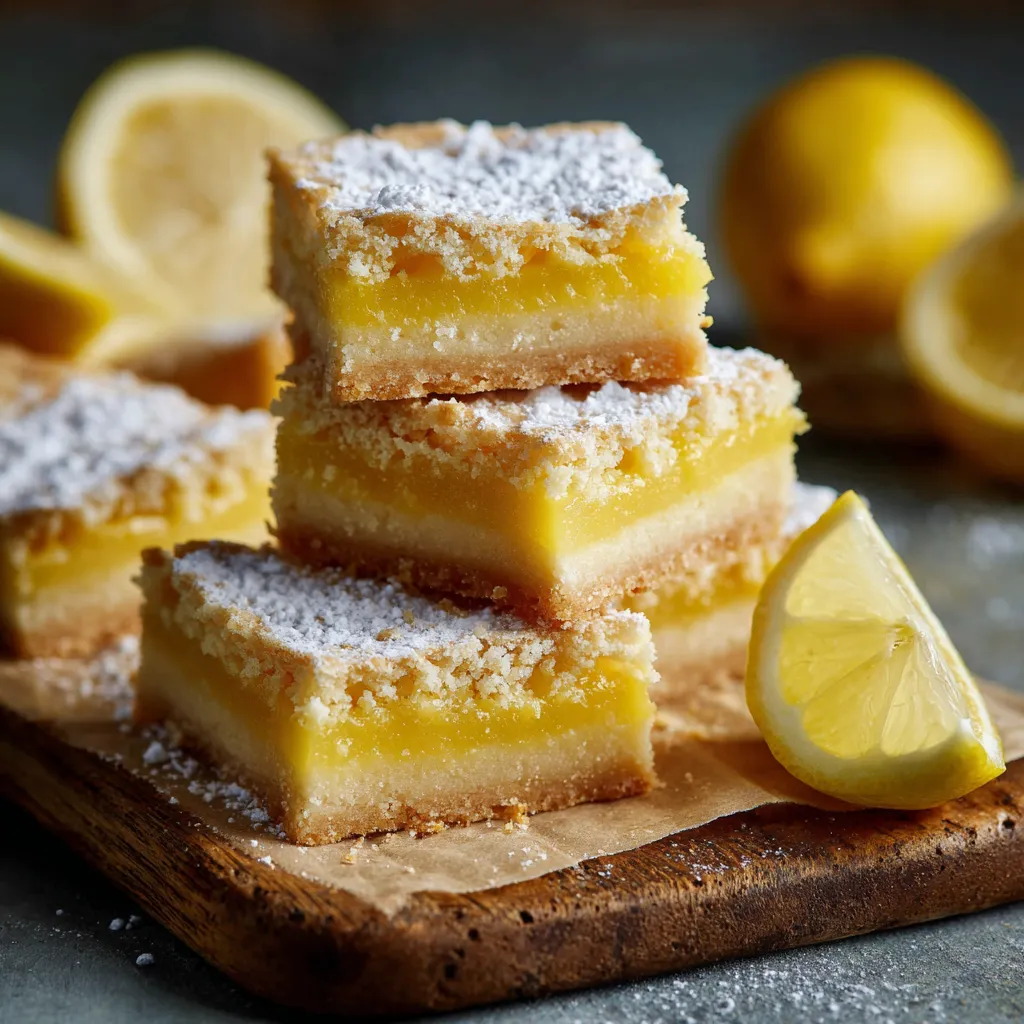 Carrés au citron acidulés sur base sablée, découpés en portions, saupoudrés de sucre glace