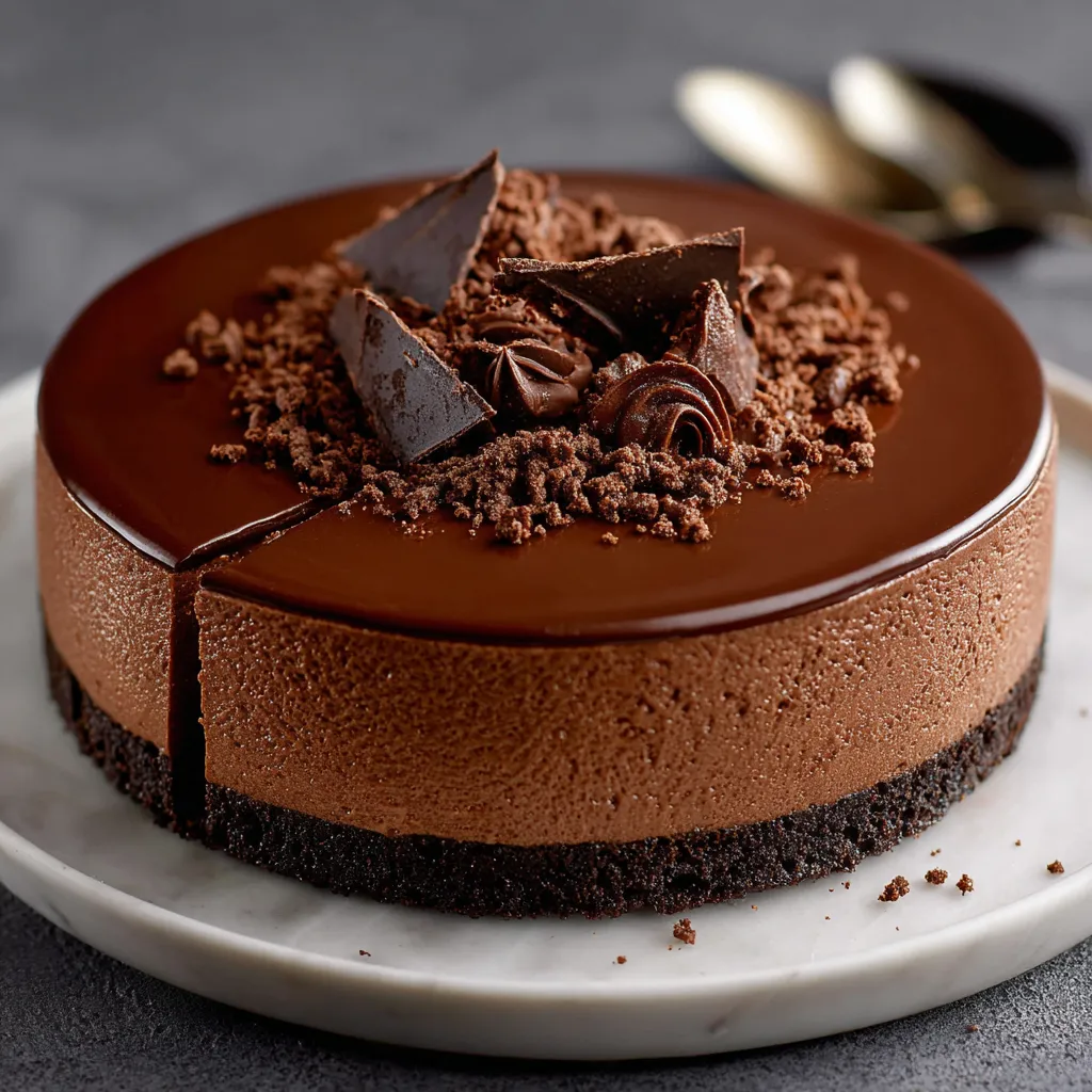 Cheesecake au chocolat sans cuisson sur une base de biscuits, nappé de Nutella et décoré de copeaux de chocolat.