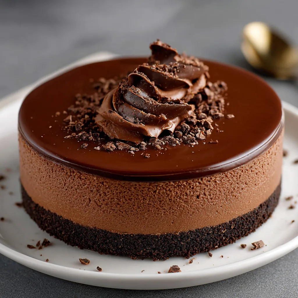 Cheesecake au chocolat sans cuisson sur une base de biscuits, nappé de Nutella et décoré de copeaux de chocolat.