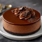 Cheesecake au chocolat sans cuisson sur une base de biscuits, nappé de Nutella et décoré de copeaux de chocolat.