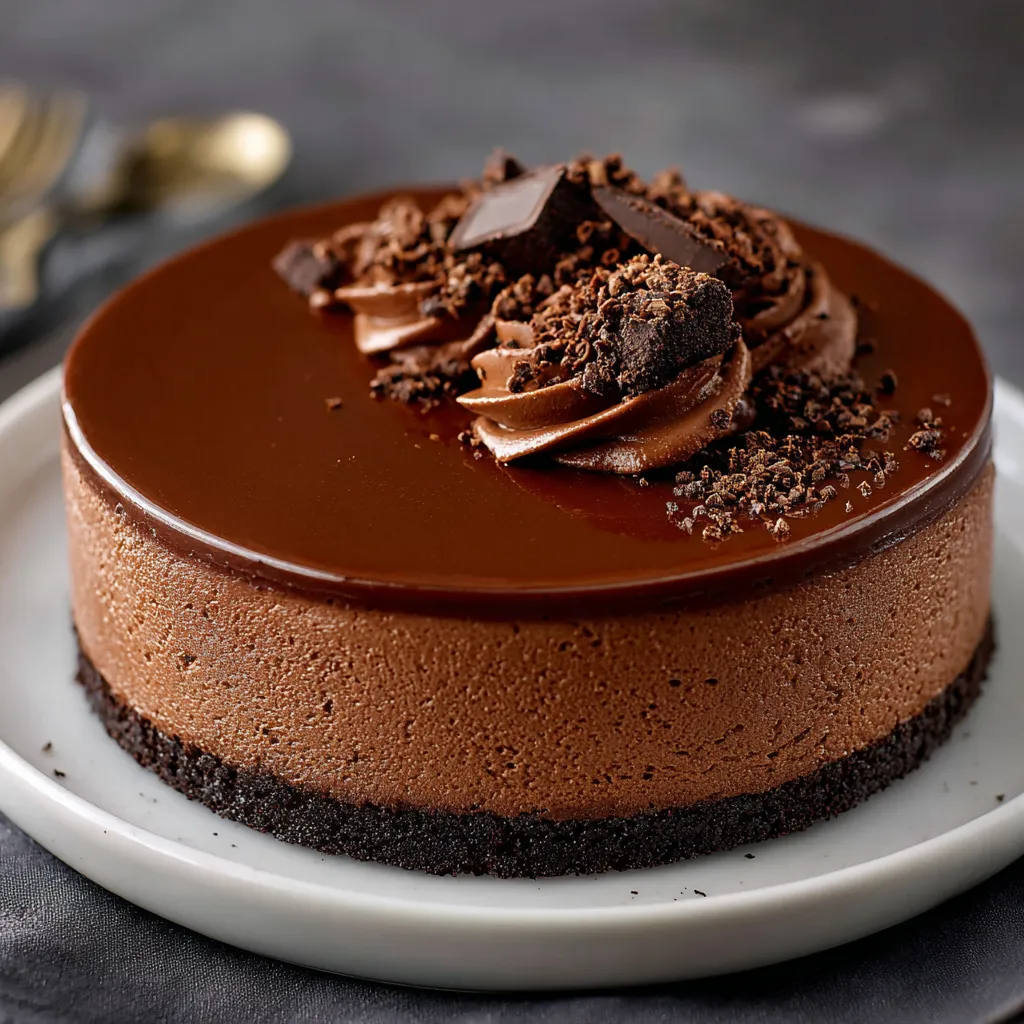 Cheesecake au chocolat sans cuisson sur une base de biscuits, nappé de Nutella et décoré de copeaux de chocolat.
