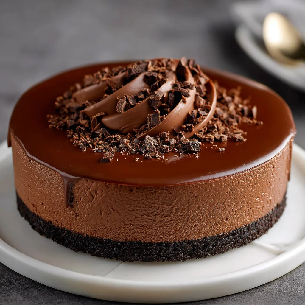Cheesecake au chocolat sans cuisson sur une base de biscuits, nappé de Nutella et décoré de copeaux de chocolat.