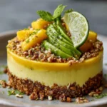 Cheesecake salé avocat mangue citron vert sur crumble de noisettes