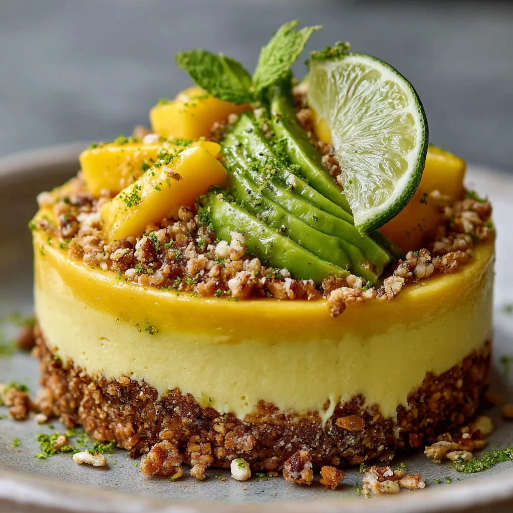 Cheesecake salé avocat mangue citron vert sur crumble de noisettes