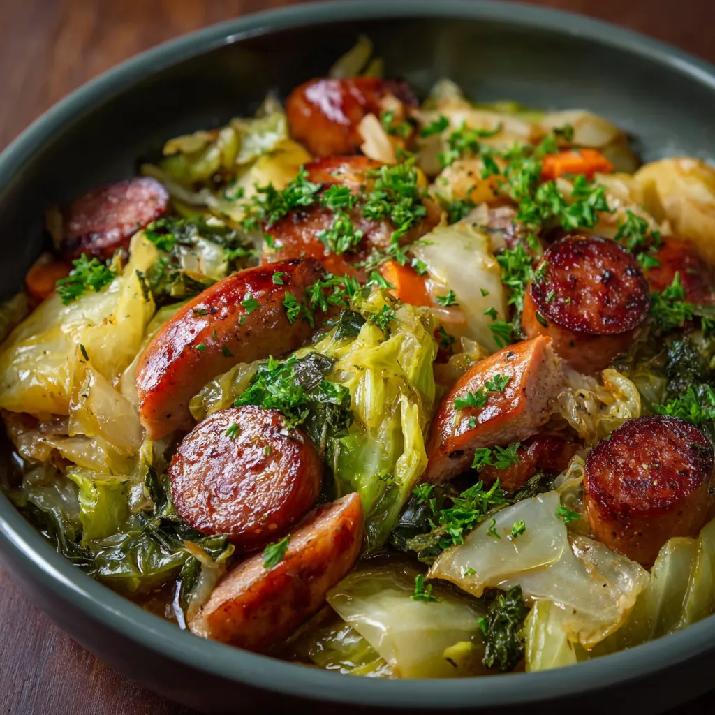 Chou vert braisé aux saucisses de bœuf dans une cocotte en fonte avec carottes et pommes de terre