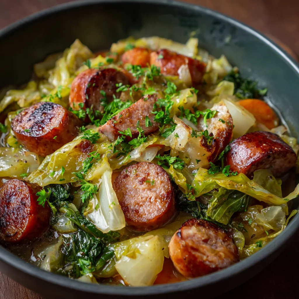 Chou vert braisé aux saucisses de bœuf dans une cocotte en fonte avec carottes et pommes de terre