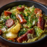 Chou vert braisé aux saucisses de bœuf dans une cocotte en fonte avec carottes et pommes de terre