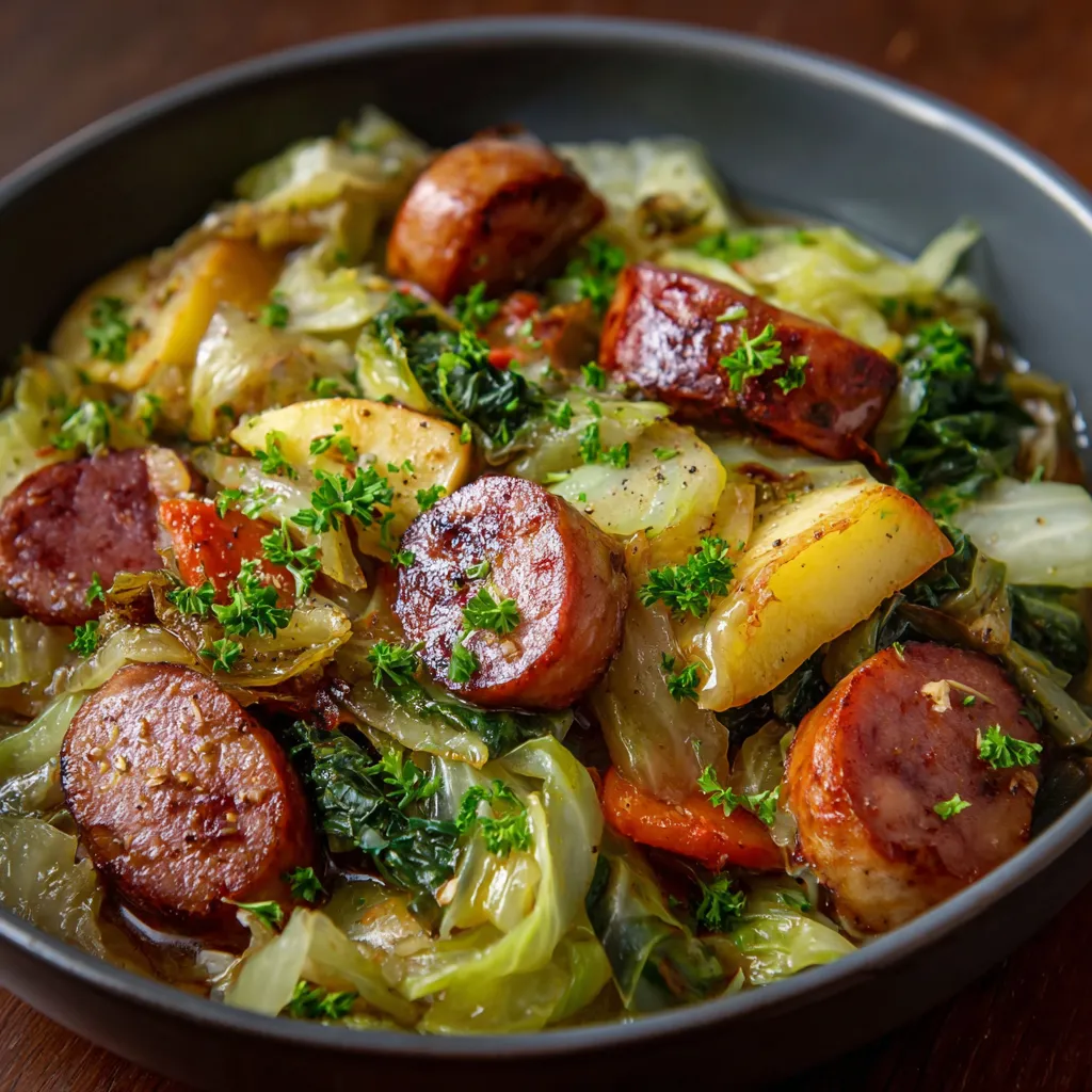 Chou vert braisé aux saucisses de bœuf dans une cocotte en fonte avec carottes et pommes de terre