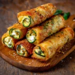 Cigares croustillants aux courgettes et fromage dorés au four, servis avec sauce yaourt et salade verte.