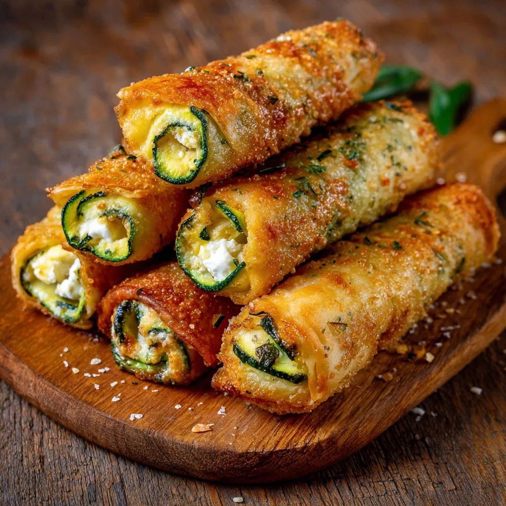 Cigares croustillants aux courgettes et fromage dorés au four, servis avec sauce yaourt et salade verte.