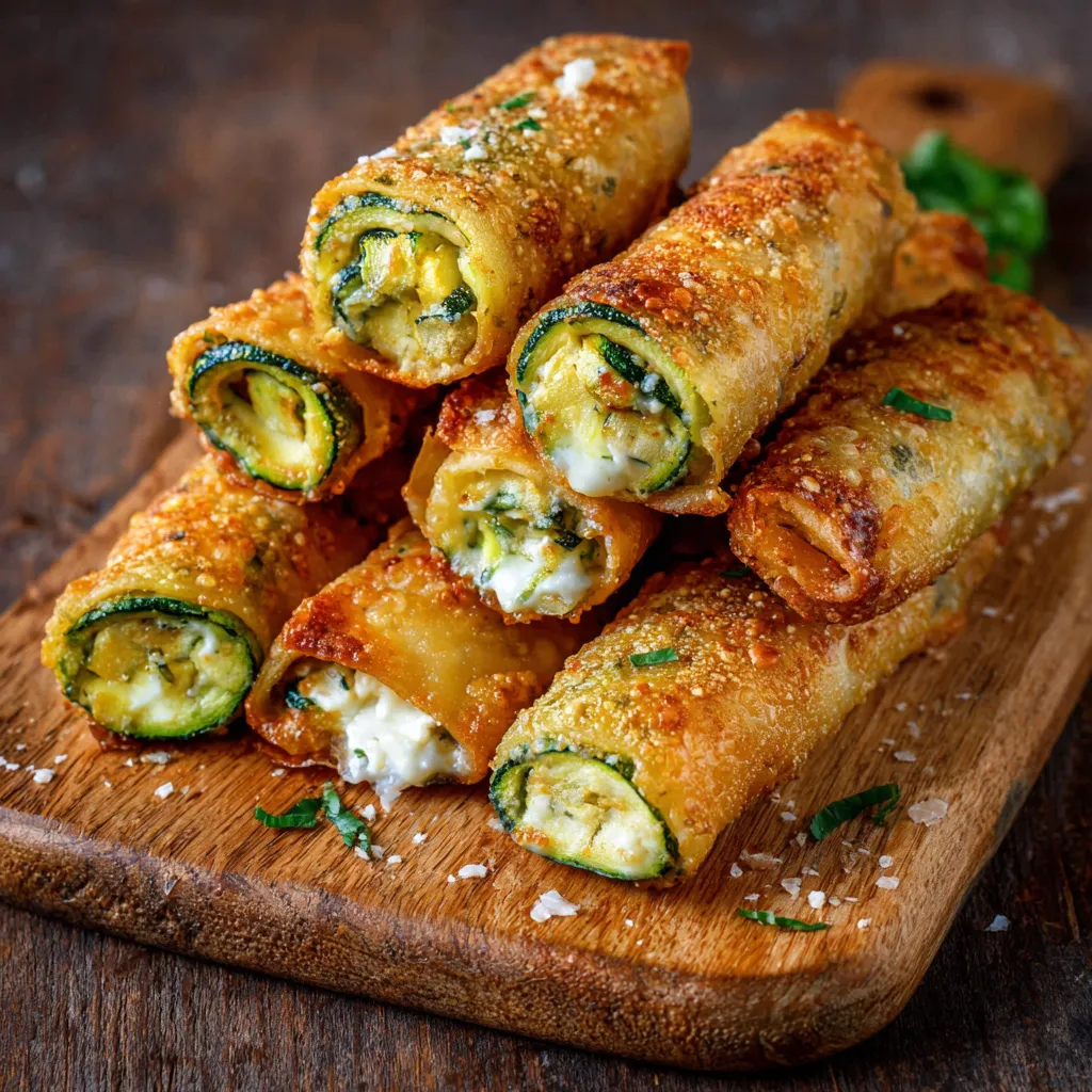 Cigares croustillants aux courgettes et fromage dorés au four, servis avec sauce yaourt et salade verte.