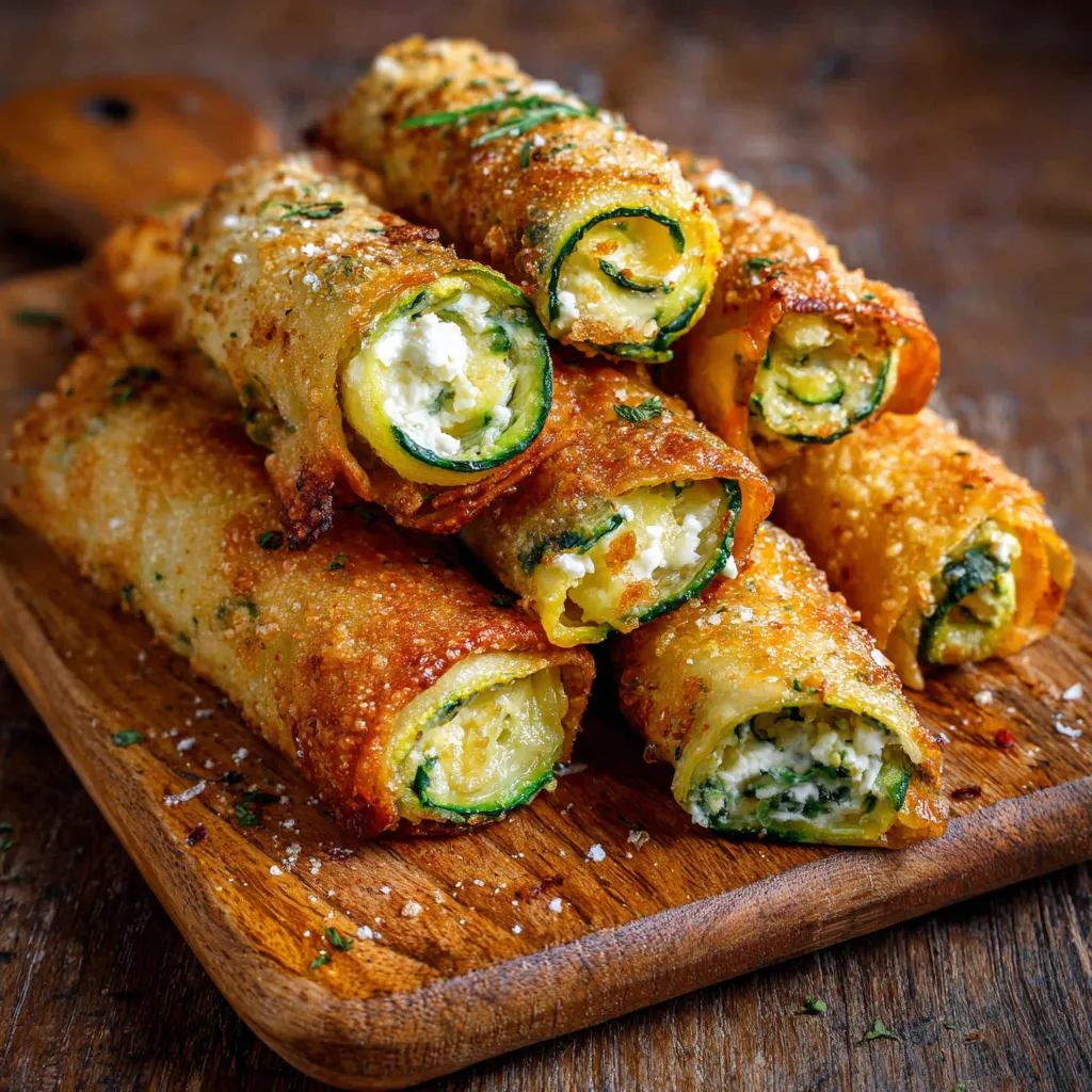 Cigares croustillants aux courgettes et fromage dorés au four, servis avec sauce yaourt et salade verte.