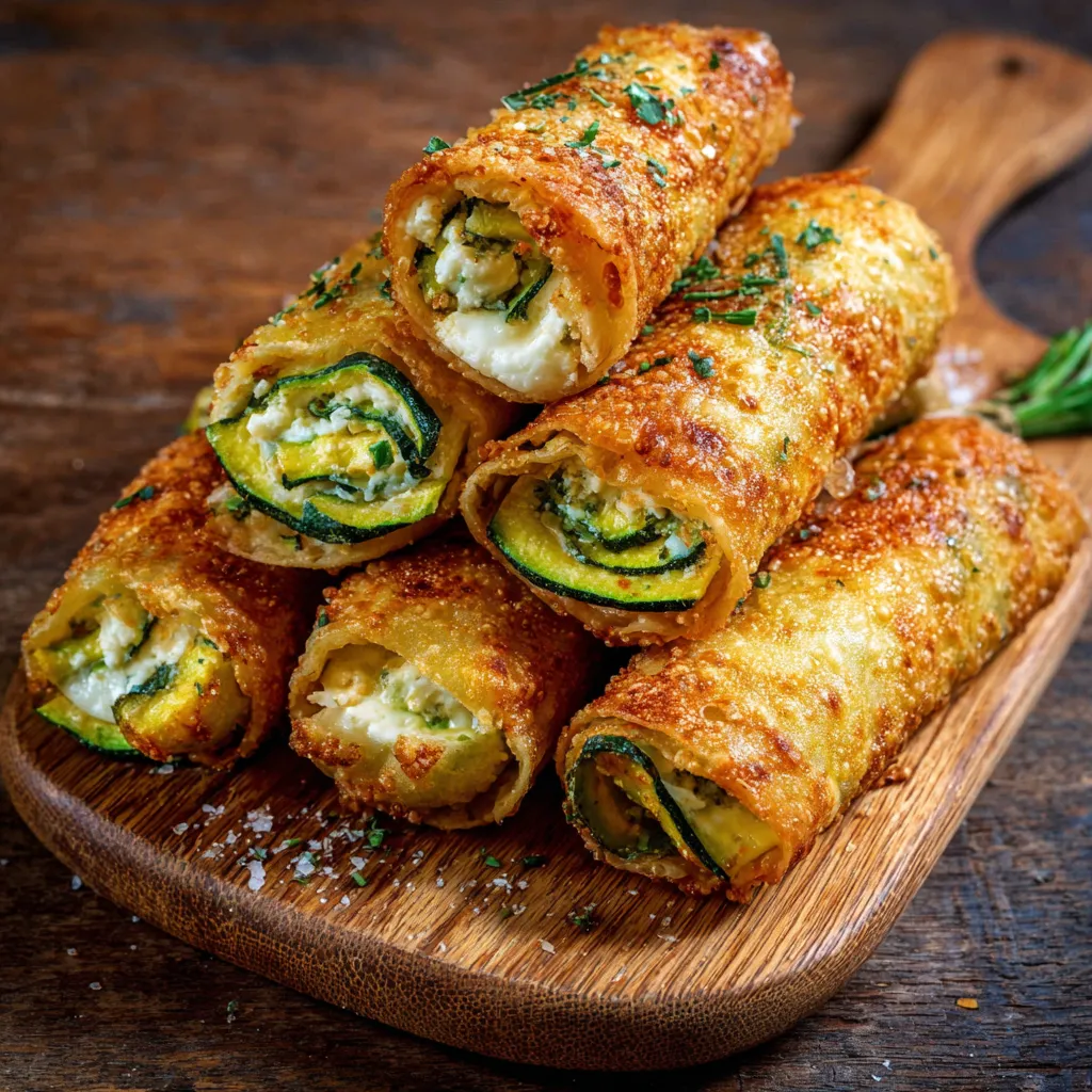 Cigares croustillants aux courgettes et fromage dorés au four, servis avec sauce yaourt et salade verte.