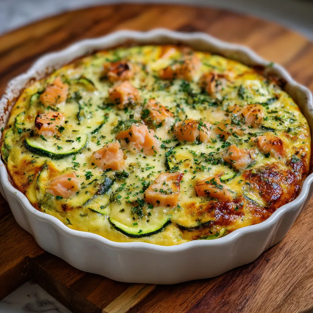 Clafoutis saumon et courgettes doré au four dans un plat en céramique