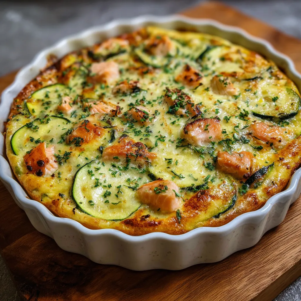 Clafoutis saumon et courgettes doré au four dans un plat en céramique