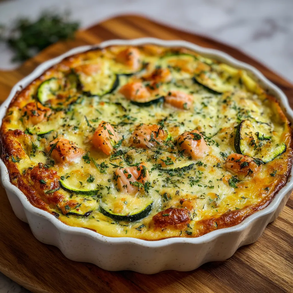 Clafoutis saumon et courgettes doré au four dans un plat en céramique
