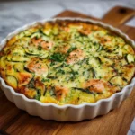 Clafoutis saumon et courgettes doré au four dans un plat en céramique