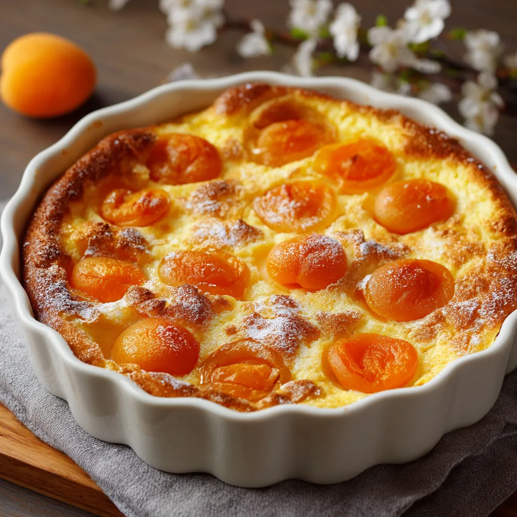Clafoutis à l’abricot doré et moelleux sorti du four, prêt à être servi.
