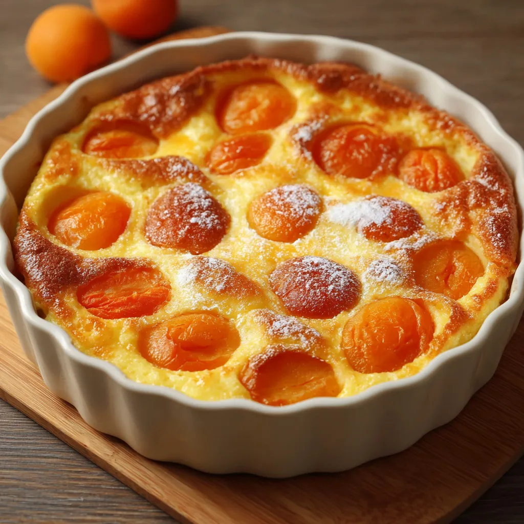 Clafoutis à l’abricot doré et moelleux sorti du four, prêt à être servi.