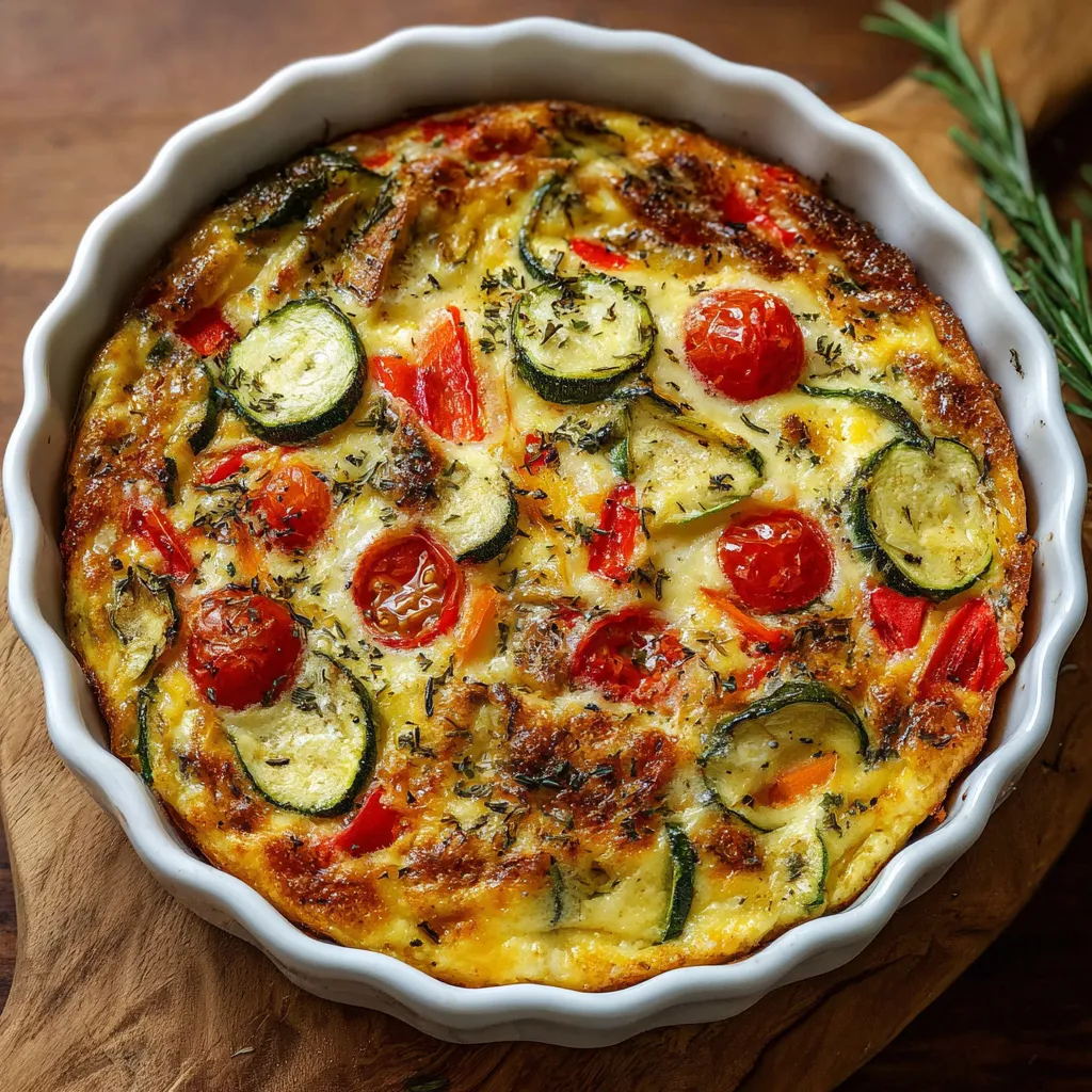 Clafoutis aux Légumes recién horneado en molde cerámico con tomates cherry y hierbas frescas