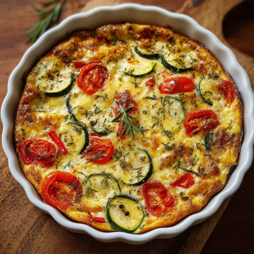 Clafoutis aux Légumes recién horneado en molde cerámico con tomates cherry y hierbas frescas