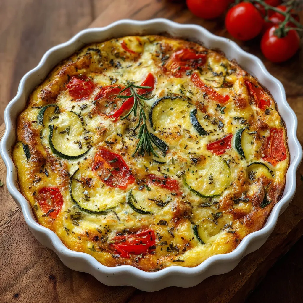 Clafoutis aux Légumes recién horneado en molde cerámico con tomates cherry y hierbas frescas