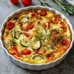 Clafoutis aux Légumes recién horneado en molde cerámico con tomates cherry y hierbas frescas