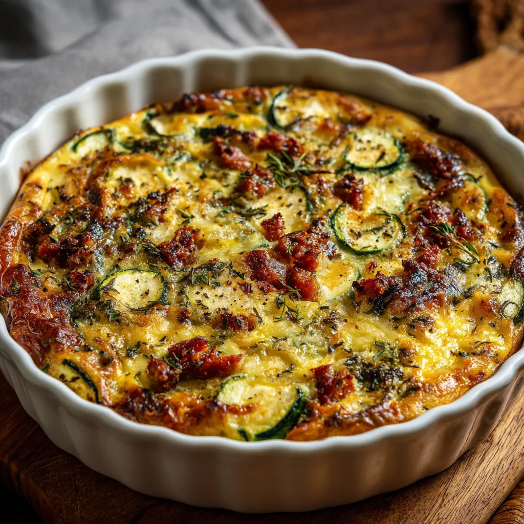 Clafoutis salé aux courgettes et bœuf façon chorizo doré dans un plat en céramique