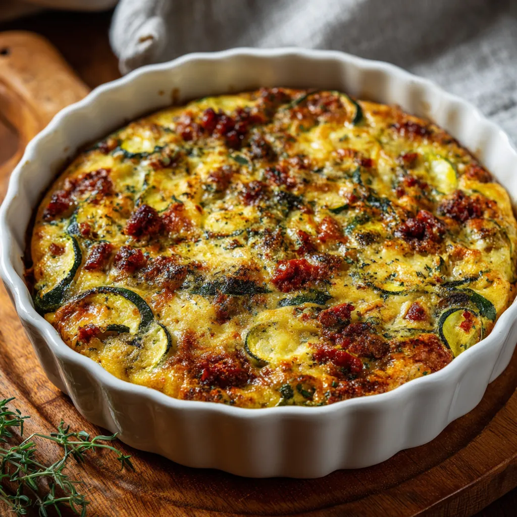 Clafoutis salé aux courgettes et bœuf façon chorizo doré dans un plat en céramique