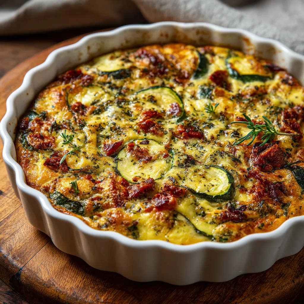 Clafoutis salé aux courgettes et bœuf façon chorizo doré dans un plat en céramique