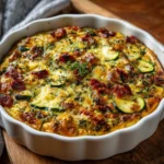 Clafoutis salé aux courgettes et bœuf façon chorizo doré dans un plat en céramique