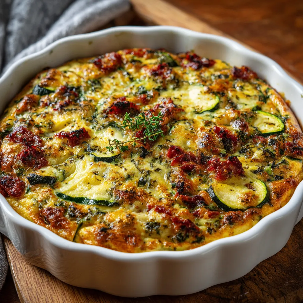 Clafoutis salé aux courgettes et bœuf façon chorizo doré dans un plat en céramique