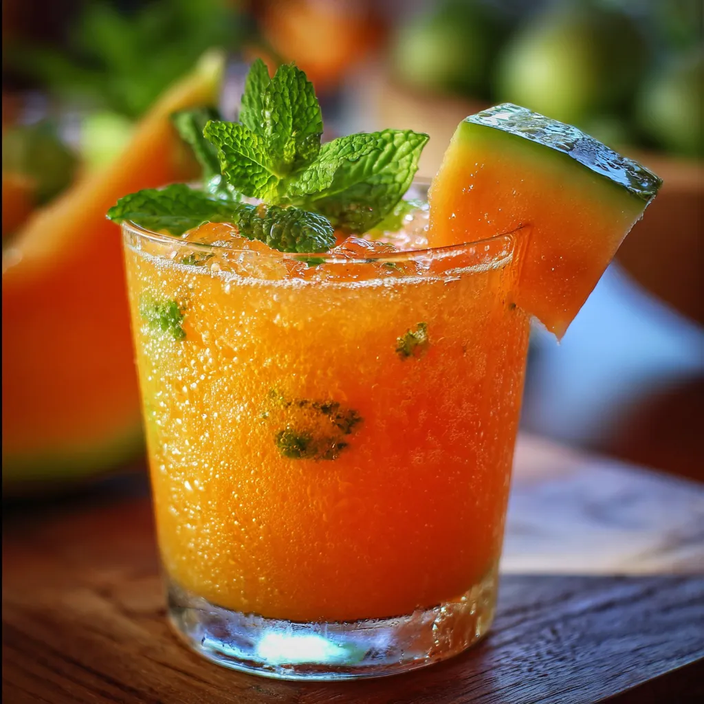 Verre de cocktail au melon avec glaçons, menthe fraîche et bulle pétillante