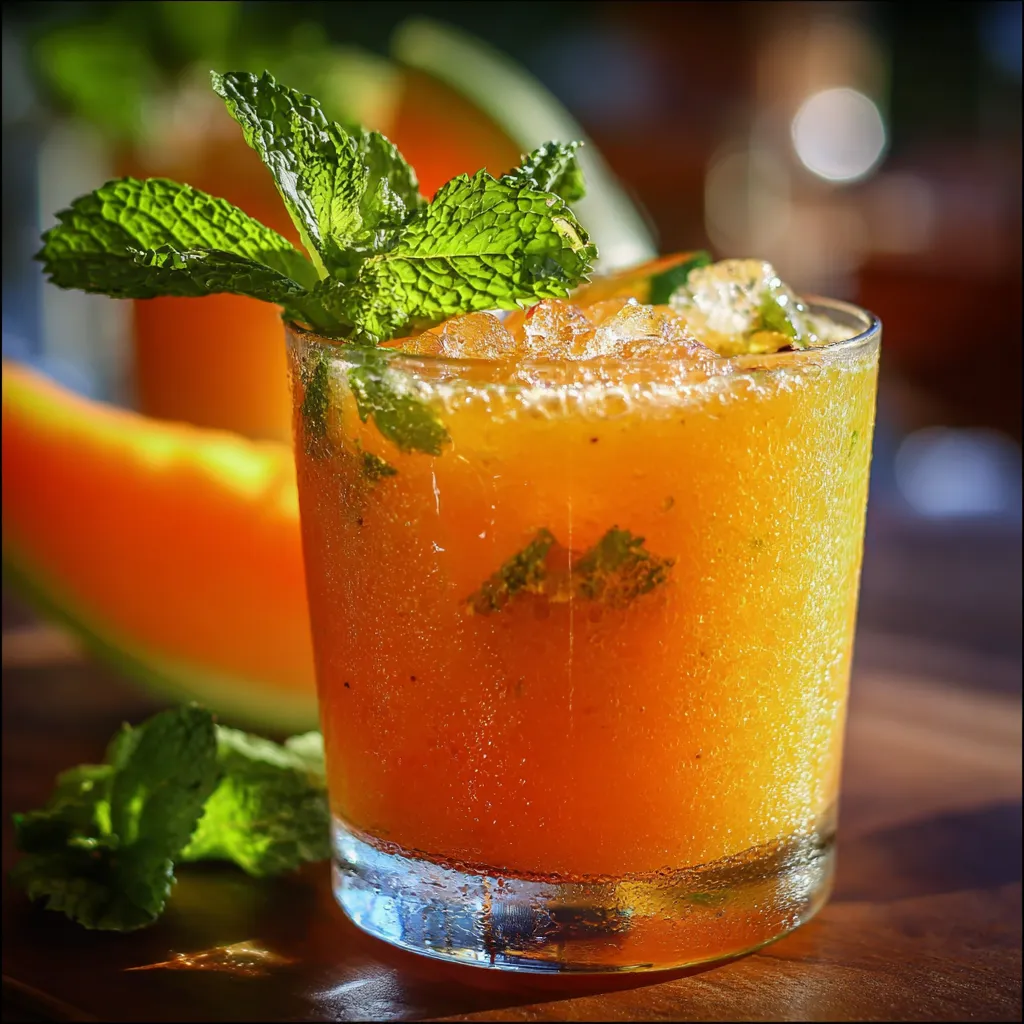 Verre de cocktail au melon avec glaçons, menthe fraîche et bulle pétillante