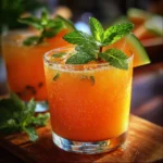 Verre de cocktail au melon avec glaçons, menthe fraîche et bulle pétillante