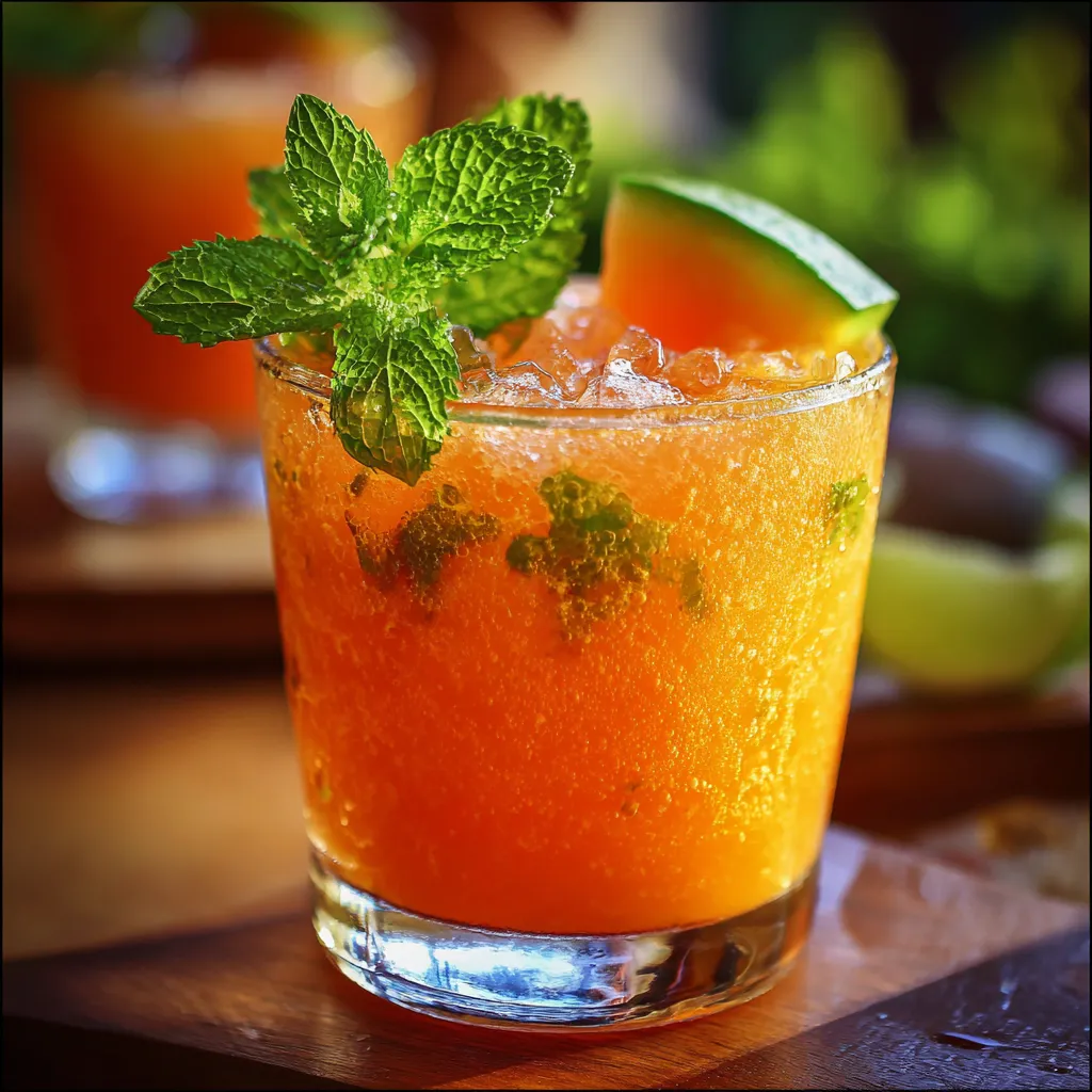 Verre de cocktail au melon avec glaçons, menthe fraîche et bulle pétillante