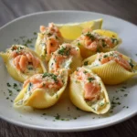 Conchiglioni farcis au saumon et mascarpone servis dans un plat au four