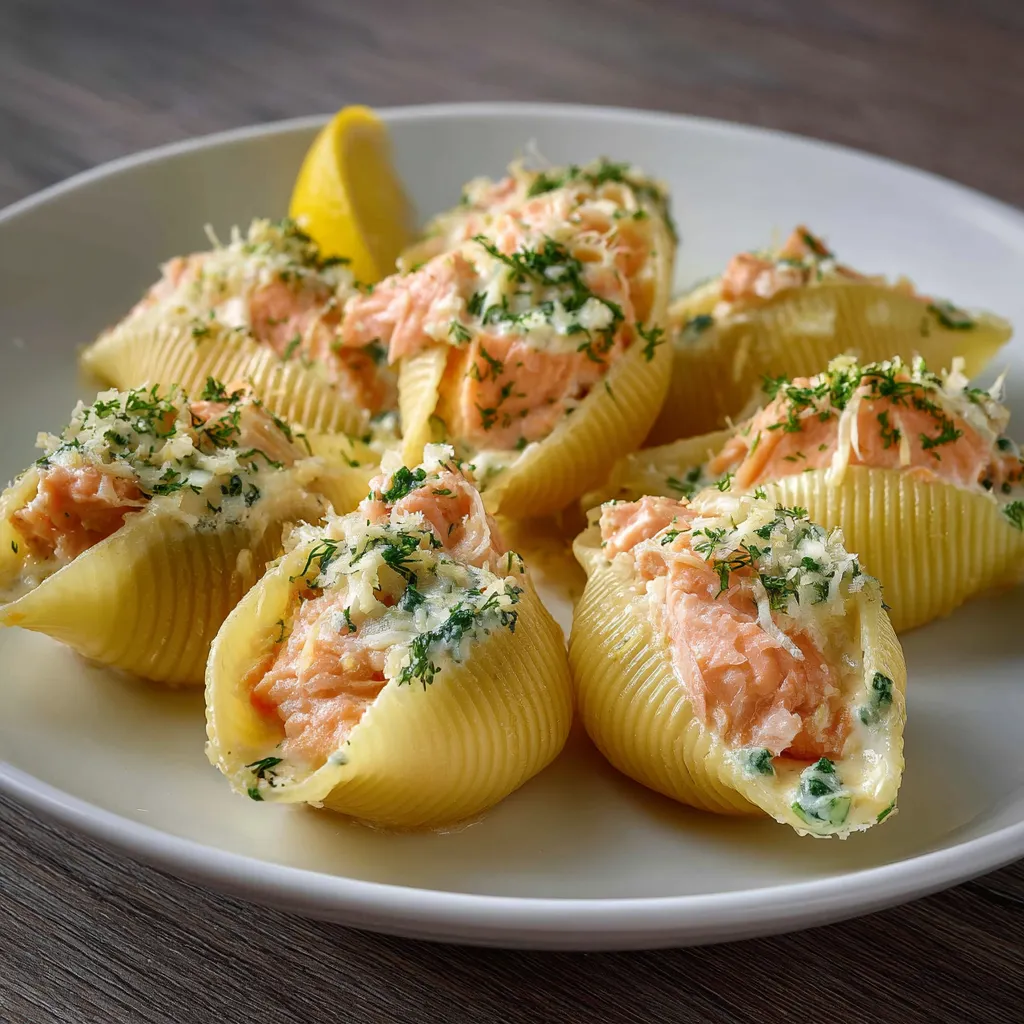 Conchiglioni farcis au saumon et mascarpone servis dans un plat au four