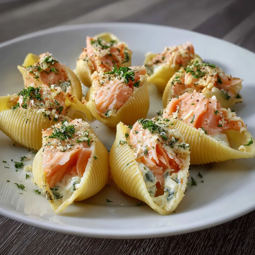 Conchiglioni farcis au saumon et mascarpone servis dans un plat au four