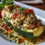 Courgettes farcies au poulet cuites au four et servies dans un plat en céramique, garnies d’herbes fraîches.