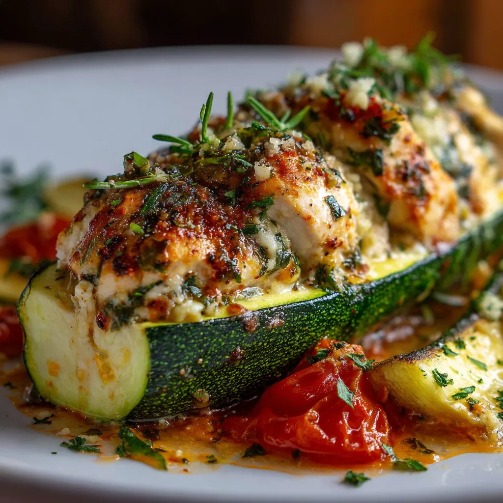 Courgettes farcies au poulet cuites au four et servies dans un plat en céramique, garnies d’herbes fraîches.