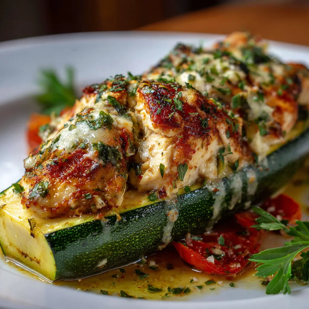 Courgettes farcies au poulet cuites au four et servies dans un plat en céramique, garnies d’herbes fraîches.