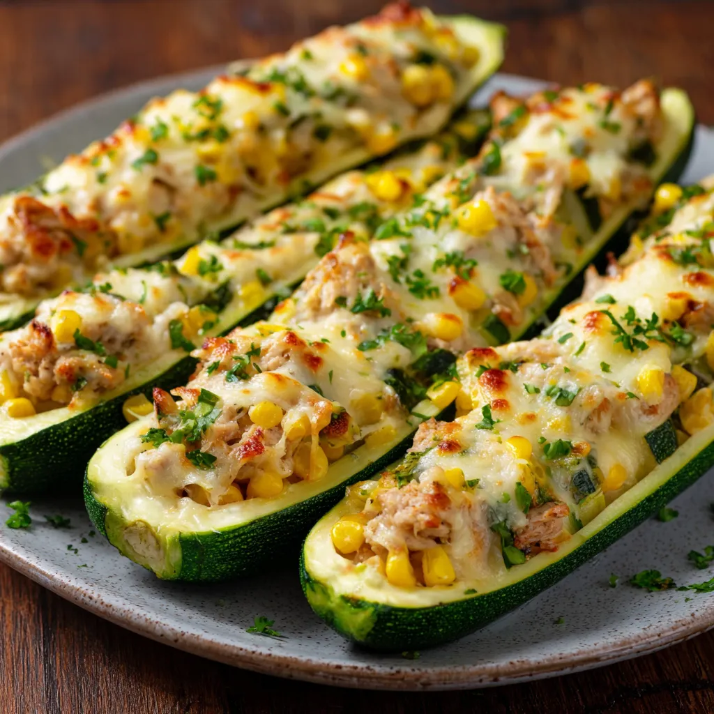 Courgettes farcies au poulet moelleux gratinées dans un plat à four